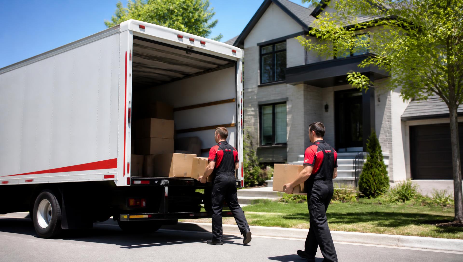 Professional movers carrying boxes into a removal truck outside a house