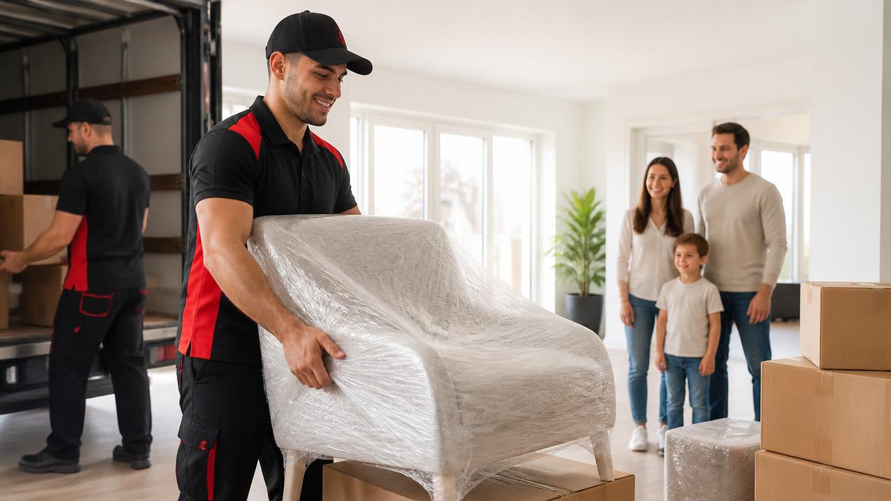 Movers carefully carrying wrapped furniture into a home